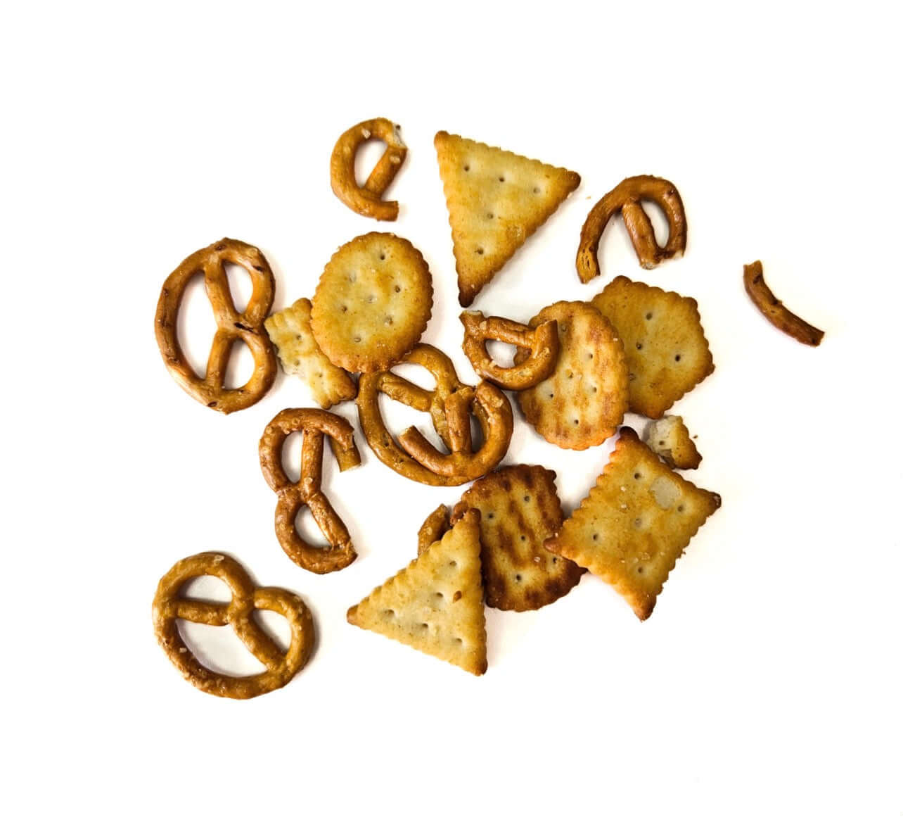 Salted Pretzel Mix featuring golden, crunchy pretzels and savory crackers on a white background.