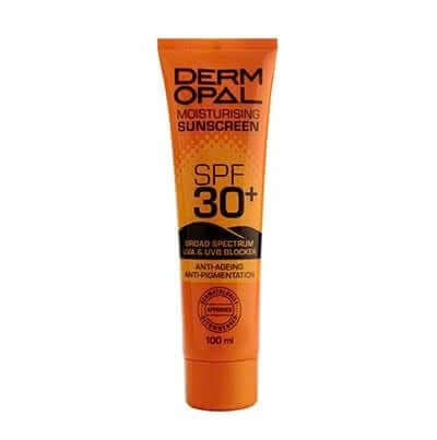 DERMOPAL Sunscreen SPF 30 tube packaging with a broad spectrum UVA and UVB protection label.