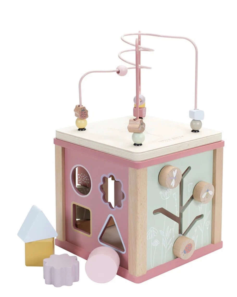 Little Dutch Wooden Activity Cube with shape shifters, bead spiral, and Wild Flowers illustrations for kids.