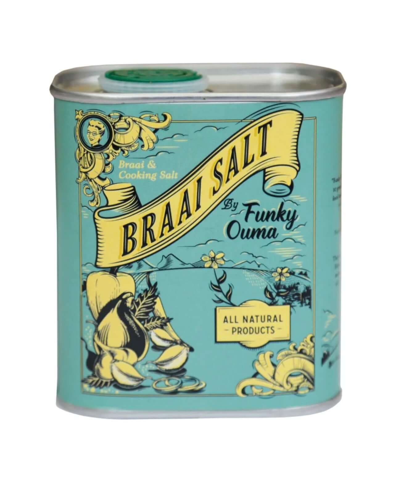 Funky Ouma's Braai Salt, 250ml tin featuring all-natural ingredients for braai cooking.