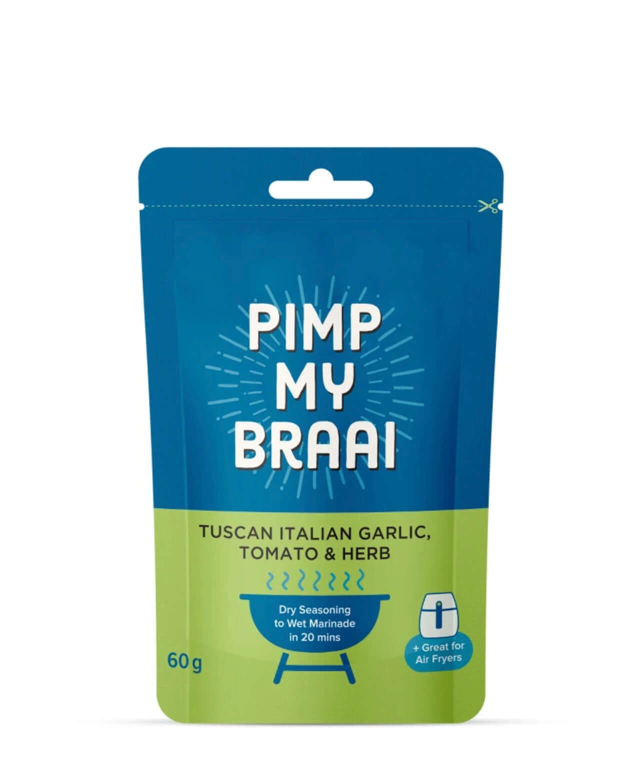 Braai Tuscan Italian Garlic, Tomato & Herb Dry Rub, 60g packaging front view.