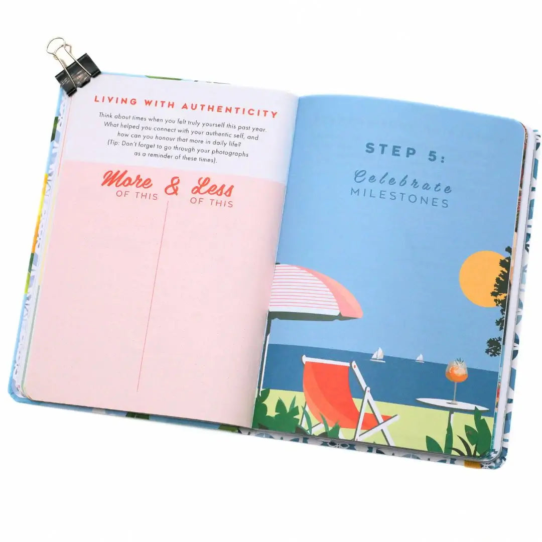 Open pages of La Dolce Vita Vision Journal showcasing prompts for authenticity and celebrating milestones.