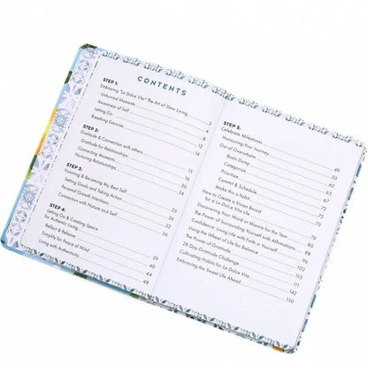 La Dolce Vita Vision Journal contents page showcasing steps to living a sweet life.