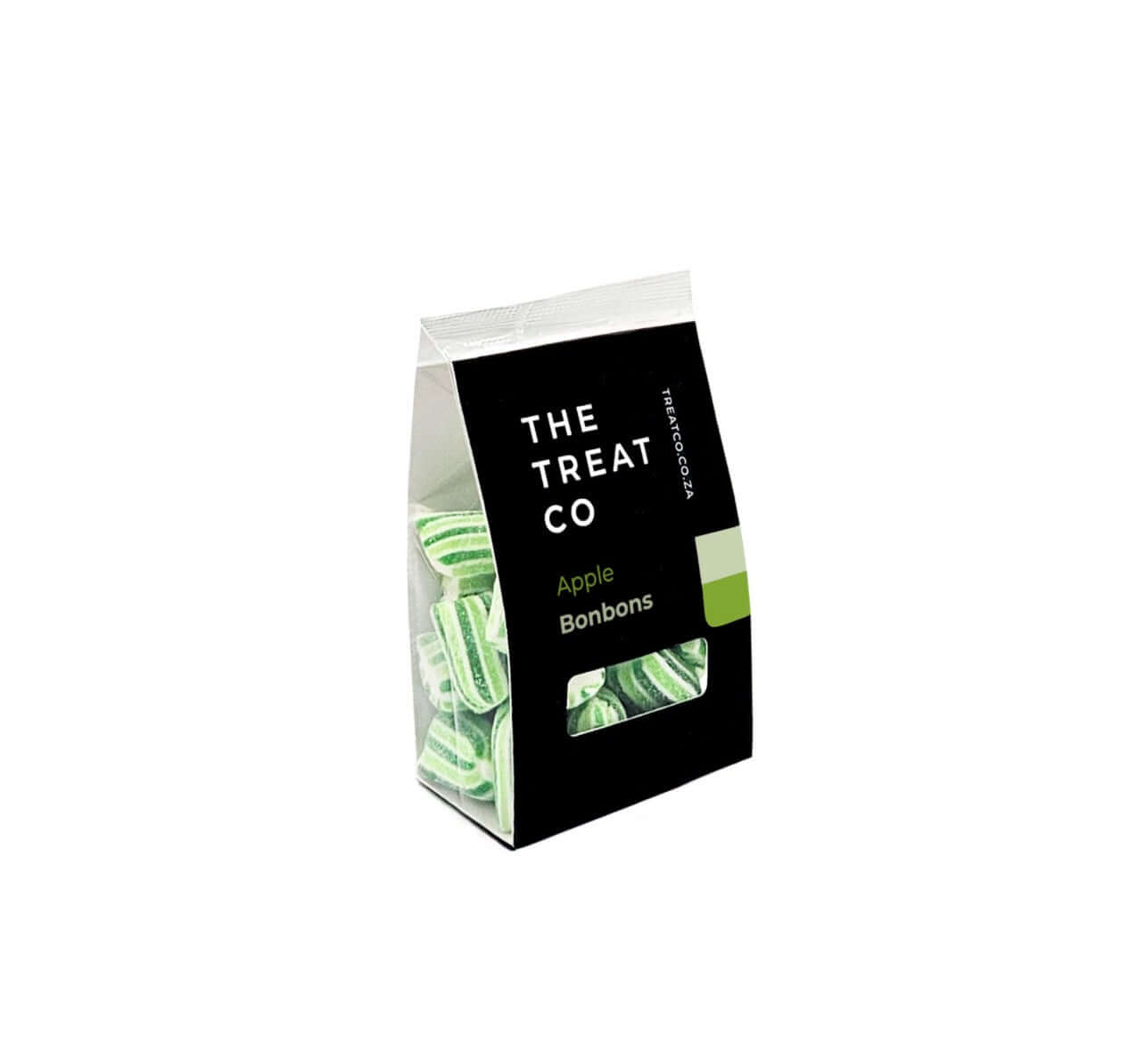 Apple Bonbons in a clear bag with green and white stripes, showcasing bold apple flavor.