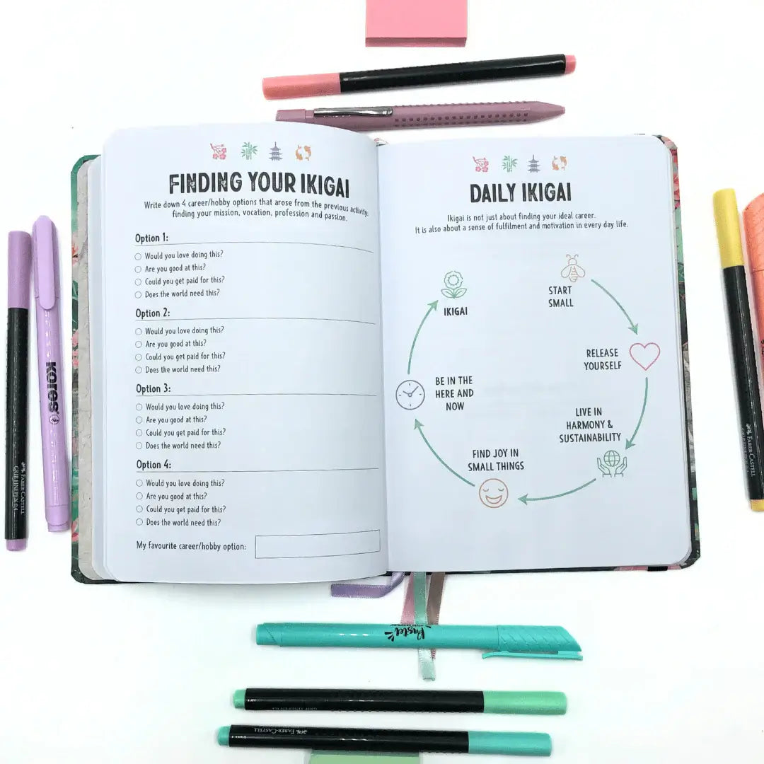 Open Ikigai Workbook Journal with exercises on finding purpose and daily Ikigai principles.