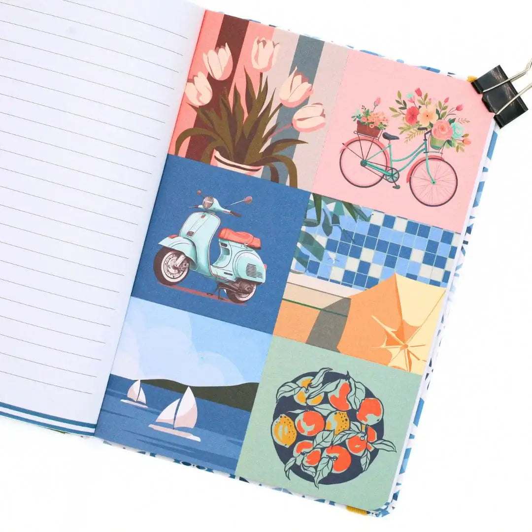 Colorful pages of the La Dolce Vita Vision Journal featuring floral designs, a bicycle, and scenic illustrations.