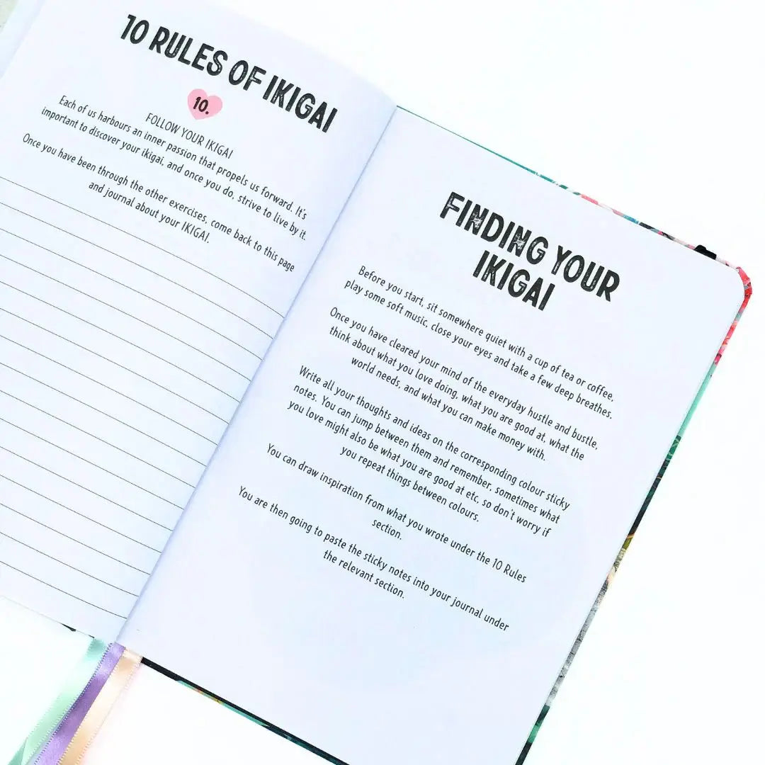 Ikigai Workbook Journal pages illustrating rules of Ikigai and guided exercises for self-discovery.
