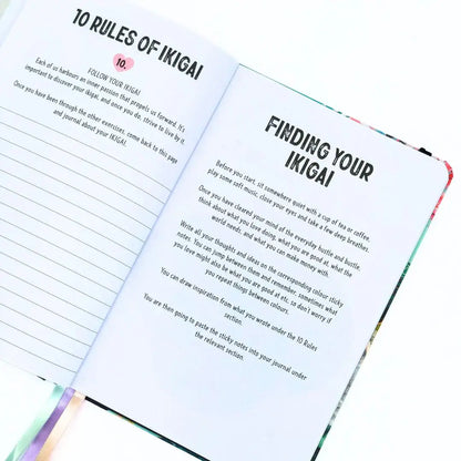 Ikigai Workbook Journal pages illustrating rules of Ikigai and guided exercises for self-discovery.