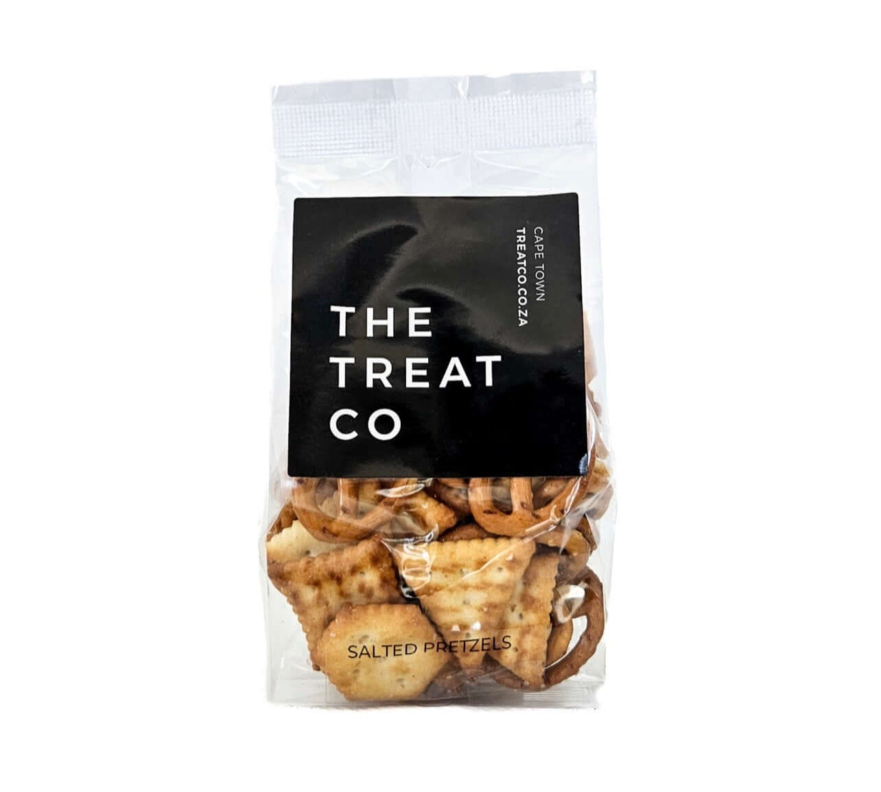 Salted Pretzel Mix packaged in a clear bag from The Treat Co, featuring crispy salted pretzels.
