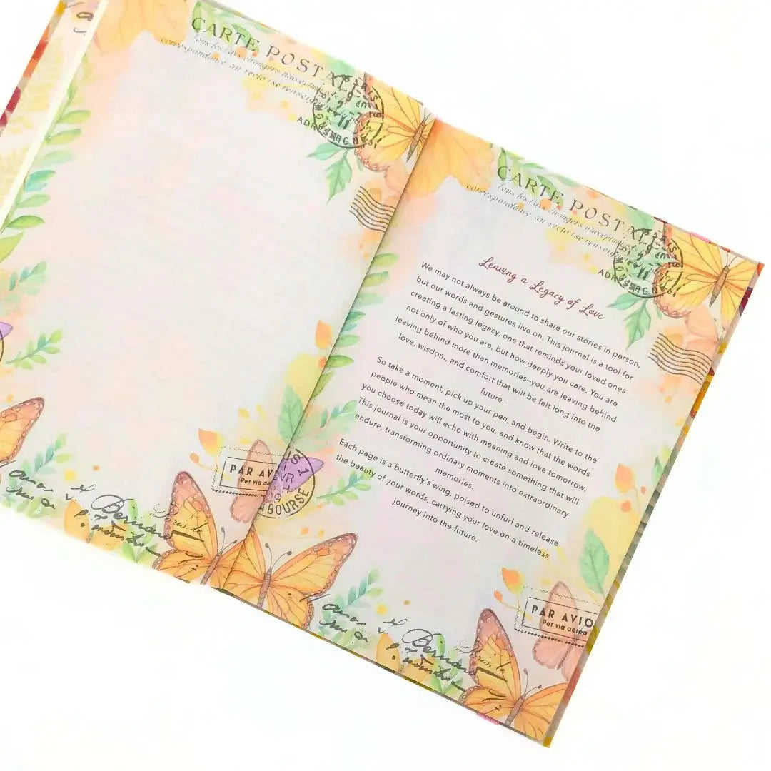 Letters to the future journal open pages featuring colorful butterflies and space for journaling thoughts and emotions.