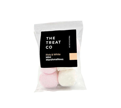 Pink & White Mini Marshmallows in a clear bag from The Treat Co, showcasing fluffy, colorful sweets.