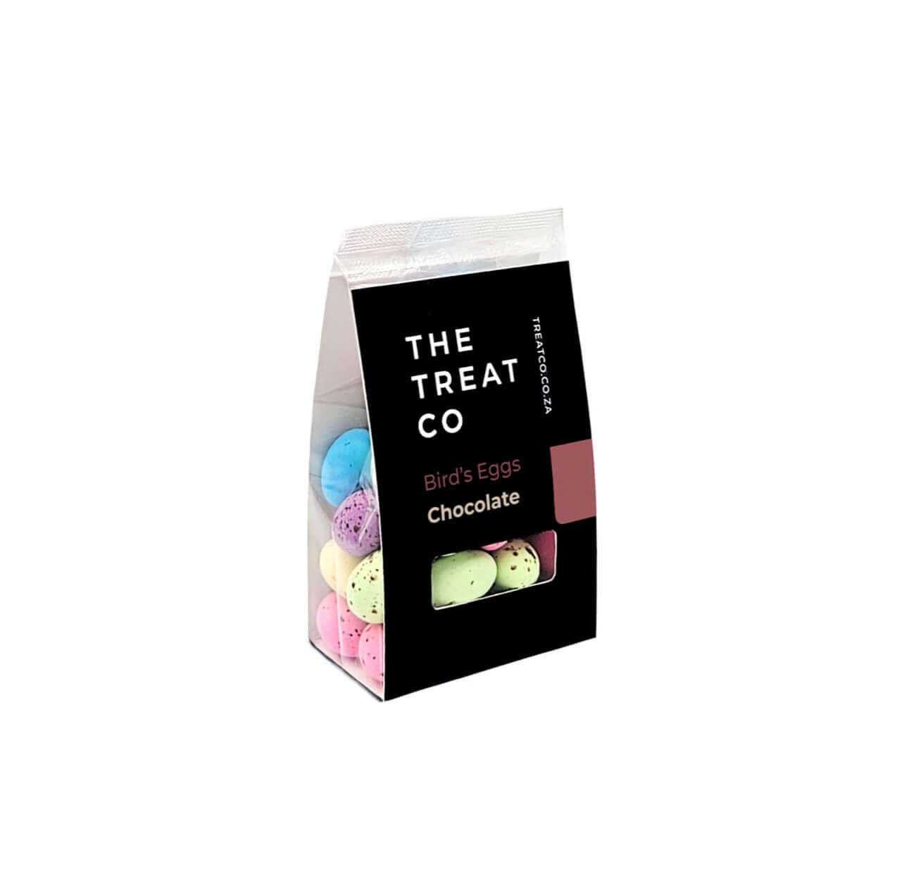 Delicious Bird’s Eggs chocolate treat packaged in a clear bag, featuring colorful candy-coated shells.