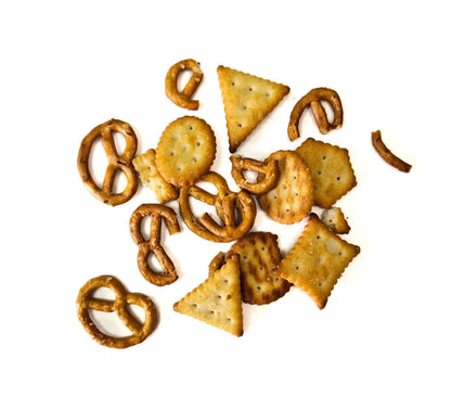 Salted Pretzel Mix featuring golden, crunchy pretzels and savory crackers on a white background.