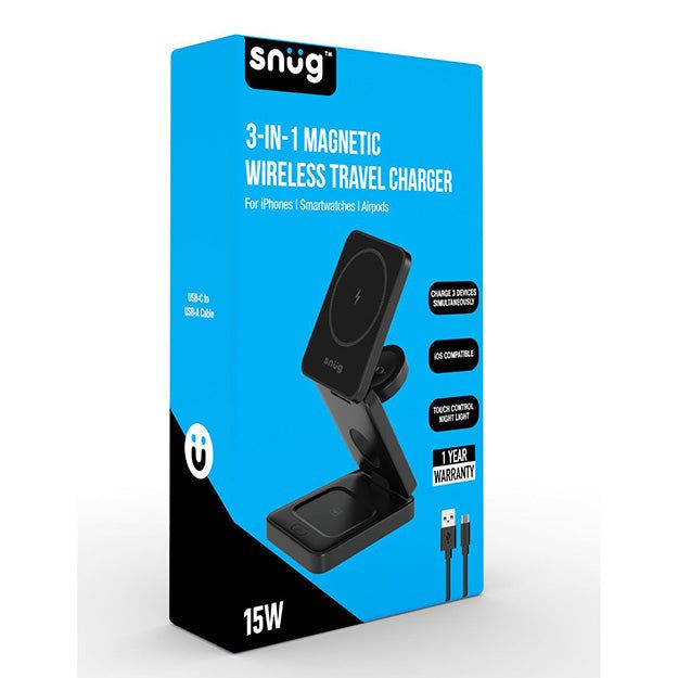 Snug 3-In-1 Magnetic Wireless Travel Charger - Black