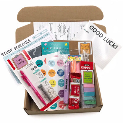 Exam Care Package with study tools, stickers, and motivational items for effective exam preparation