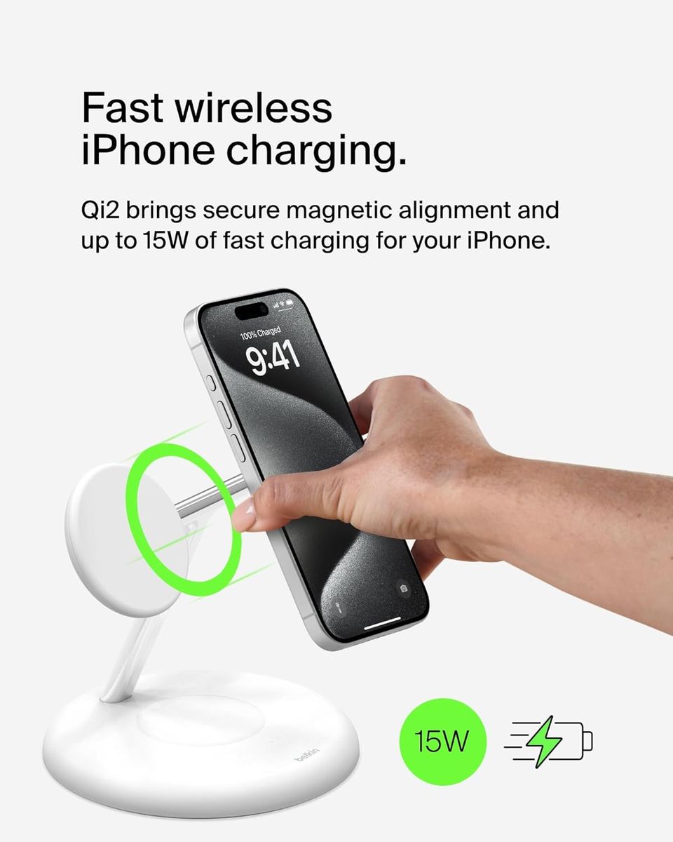 Belkin 15W 3-in-1 Qi2 Wireless Magnetic Charging Stand - White