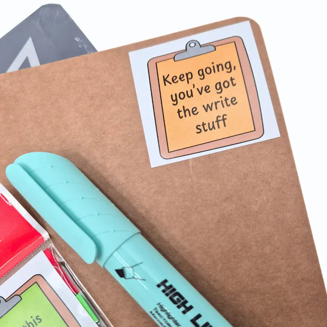 Exam Care Package with motivational sticker and highlighter, promoting study encouragement and organization.