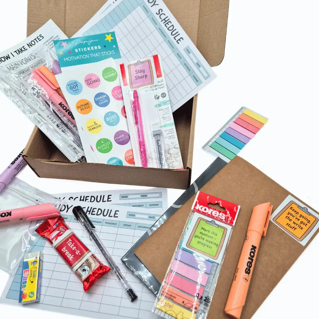 Jam Packed Exam Box with study schedule, stickers, highlighters, and motivational tools for the Exam Care Package.