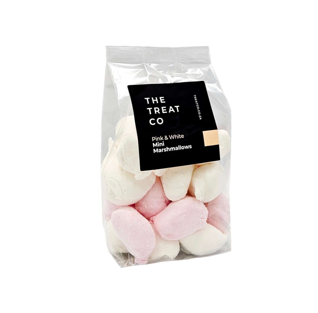 Pink & White Mini Marshmallows in a clear bag showcasing fluffy pink and white sweet puffs.