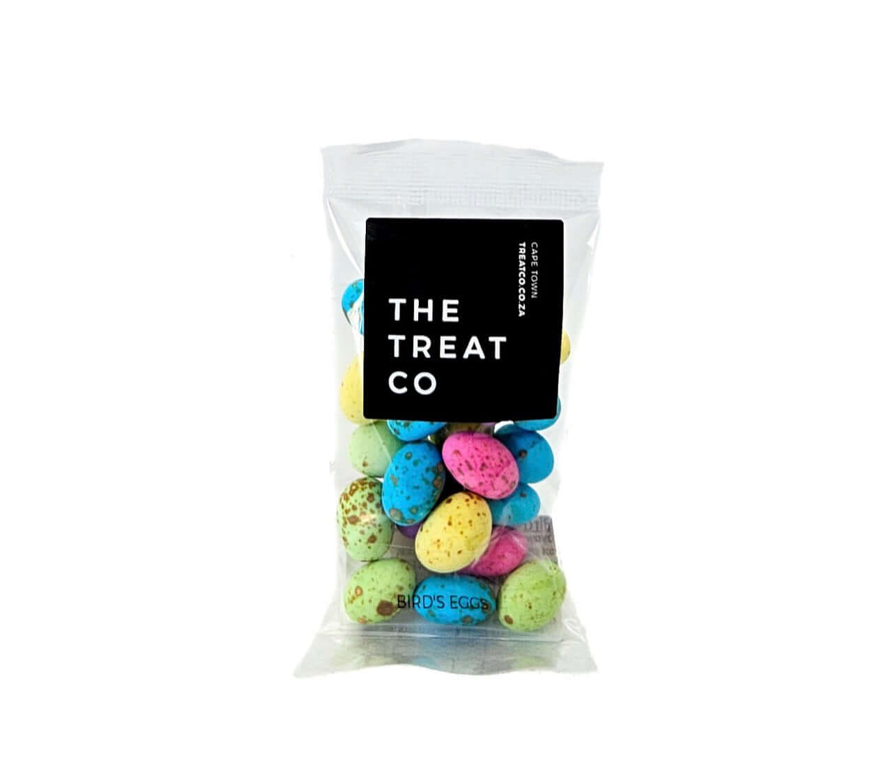 A clear bag filled with colorful Bird's Eggs candy treats, featuring a vibrant chocolate coating and jelly center.