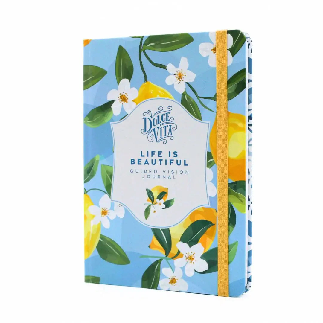 La Dolce Vita Vision Journal featuring a vibrant floral design with lemons and a quote about beauty.