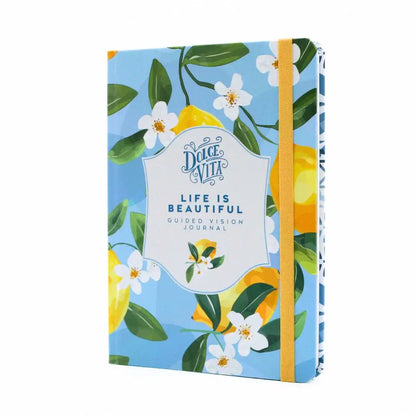 La Dolce Vita Vision Journal featuring a vibrant floral design with lemons and a quote about beauty.