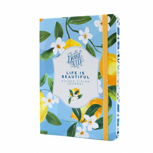 La Dolce Vita Vision Journal featuring a vibrant floral design with lemons and a quote about beauty.