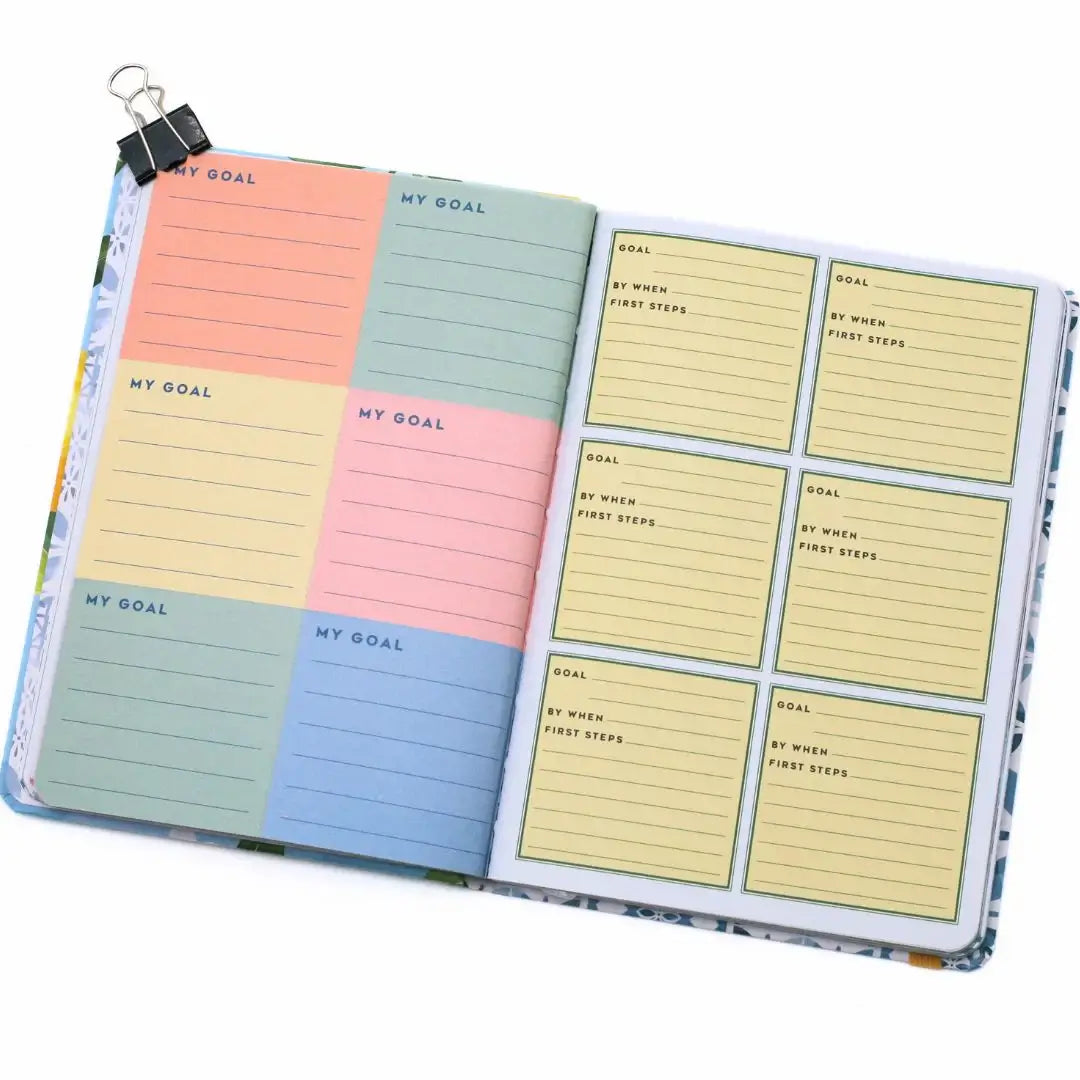 Open pages of the La Dolce Vita Vision Journal featuring goal-setting sections and colorful sticky notes.