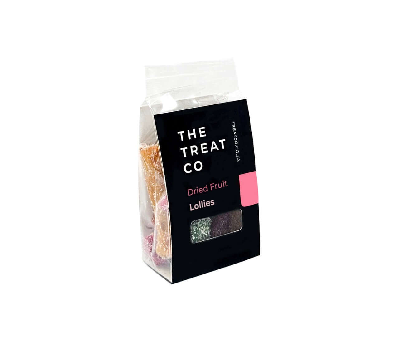 Dried Fruit Lollies in a clear packaging by The Treat Co, showcasing colorful, fruity snacks.