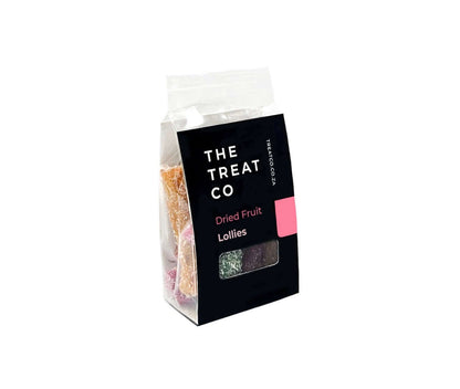 Dried Fruit Lollies in a clear packaging by The Treat Co, showcasing colorful, fruity snacks.