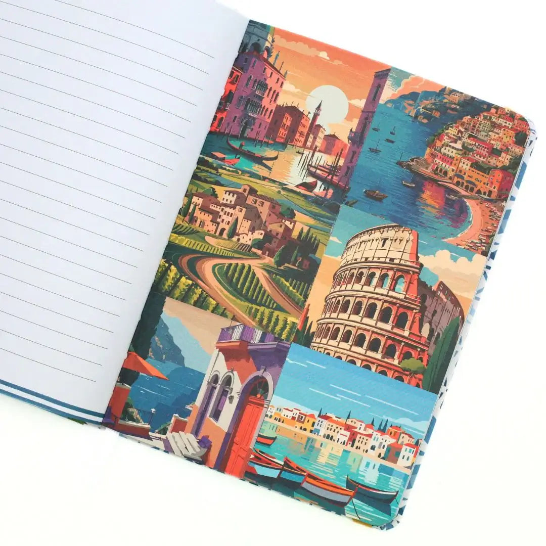 Interior design of La Dolce Vita Vision Journal showcasing vibrant Italian landscapes and iconic landmarks.