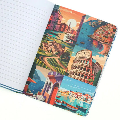 Interior design of La Dolce Vita Vision Journal showcasing vibrant Italian landscapes and iconic landmarks.