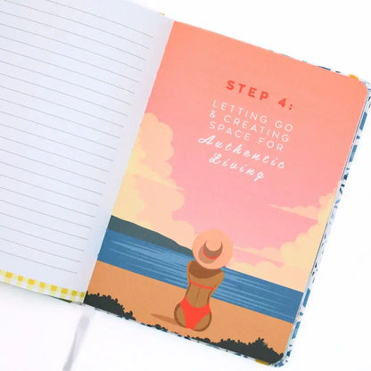 Interior page of La Dolce Vita Vision Journal with a beach illustration and a quote about authentic living.