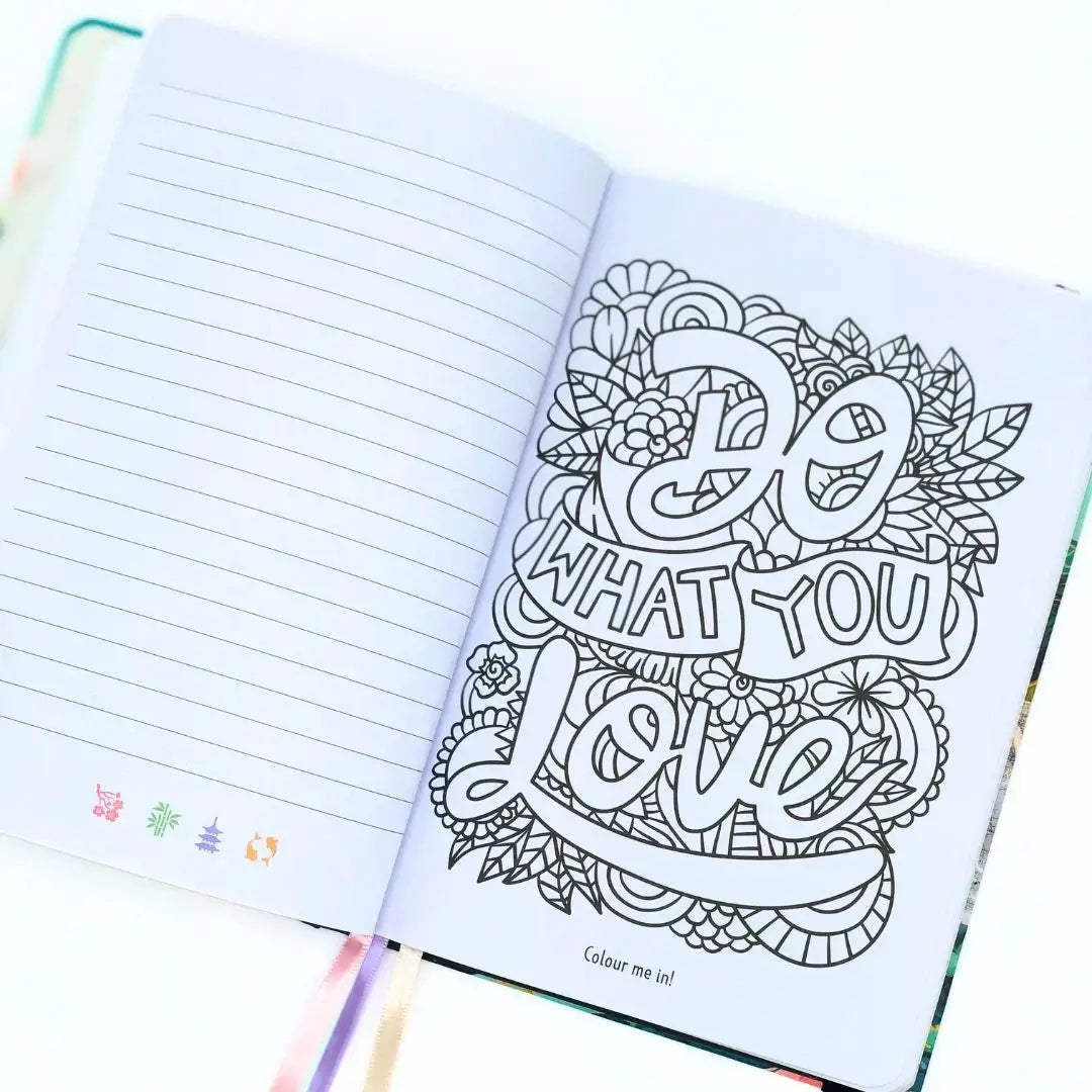 Ikigai Workbook Journal page featuring inspirational coloring design saying 'Do What You Love'.