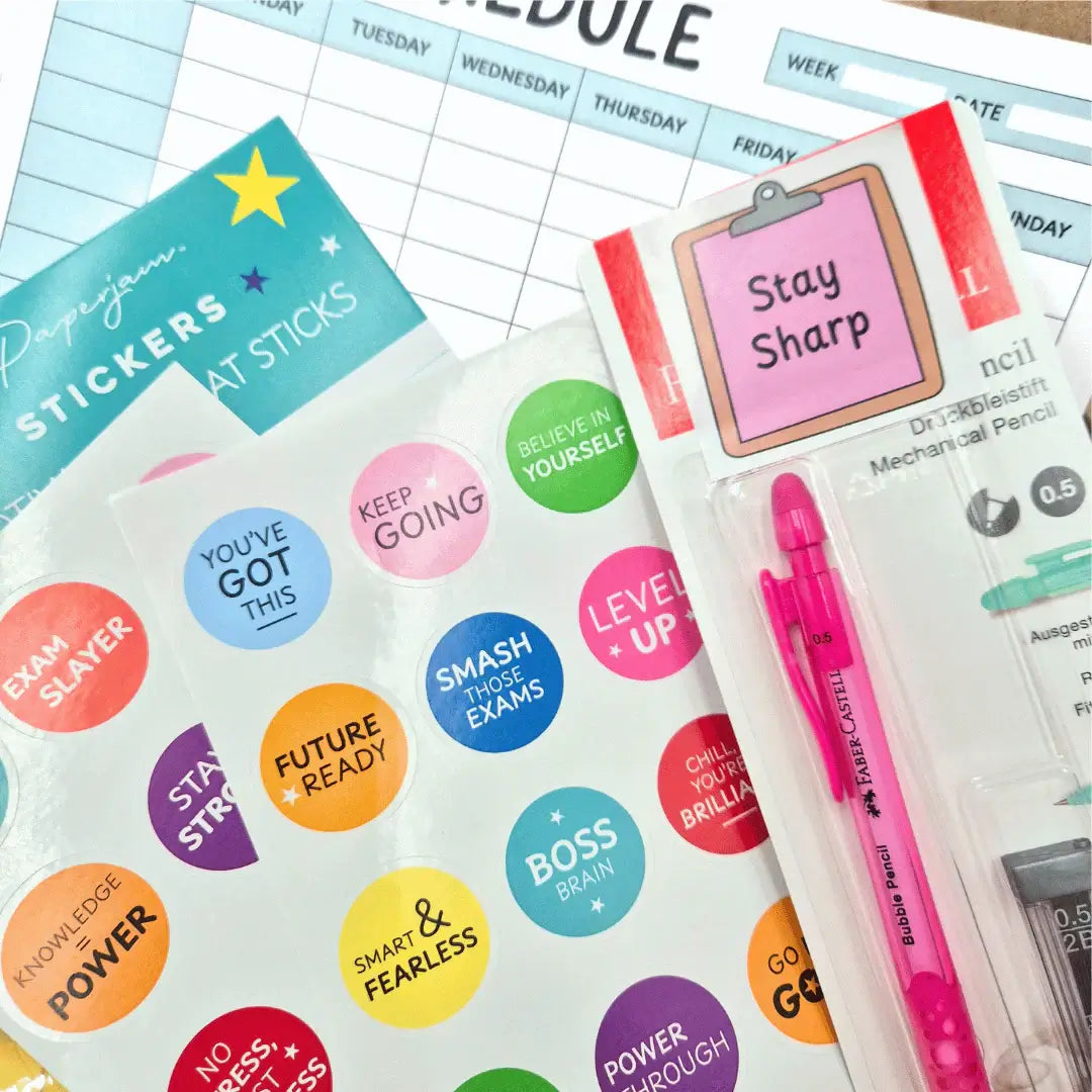 Exam Care Package with motivational stickers, study schedule, and a pencil for exam success.
