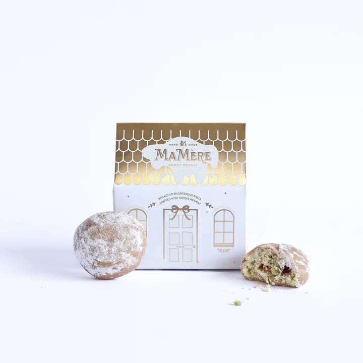 MA MÈRE CONFECTIONS Mini Festive House Cream & Gold - Pistachio & Festive nougat shortbread snowballs