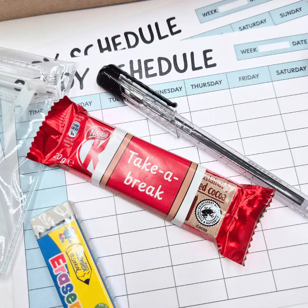 Exam Care Package including a chocolate bar, study schedule, and pen for exam support.