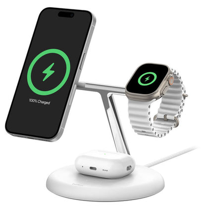 Belkin 15W 3-in-1 Qi2 Wireless Magnetic Charging Stand - White