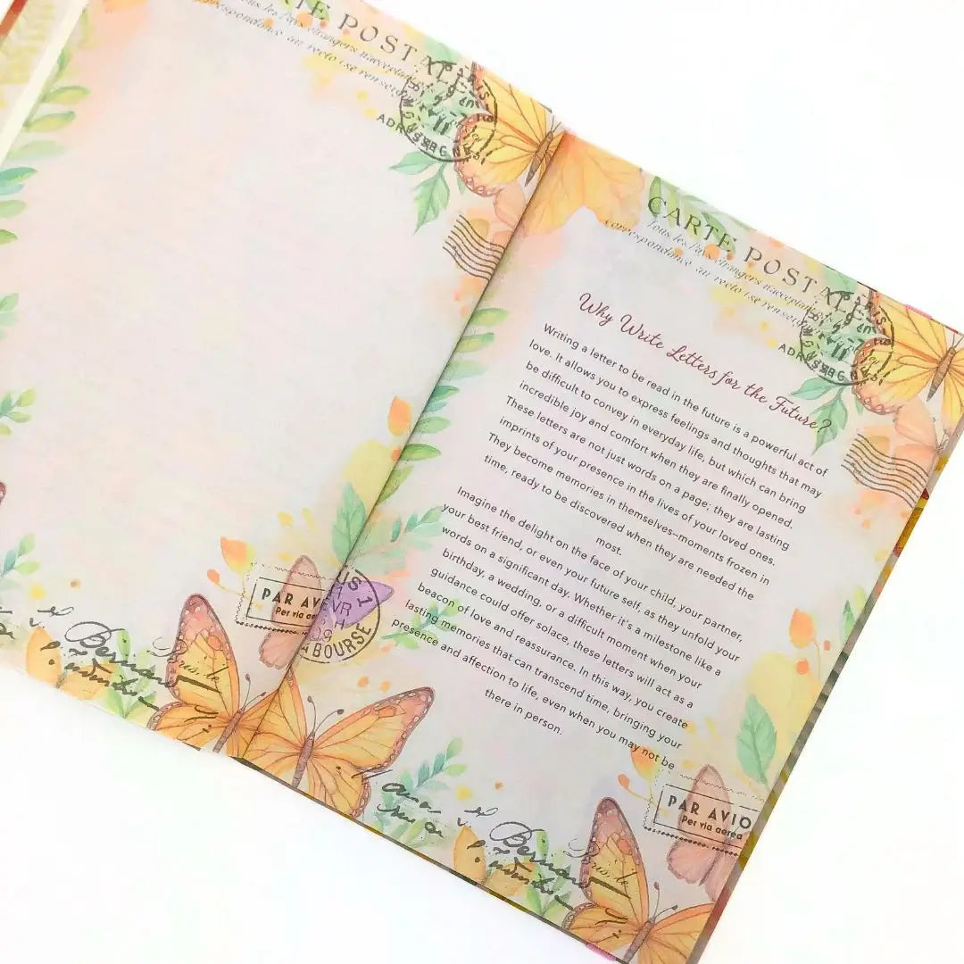 Open pages of the Letters to the future journal featuring beautiful illustrations and inspirational text.