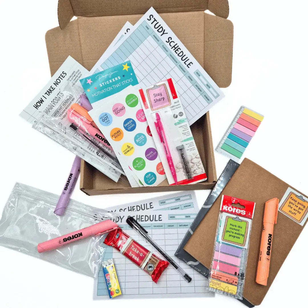 Exam Care Package with study schedule, notes, colorful stickers, and stationery for effective exam preparation.