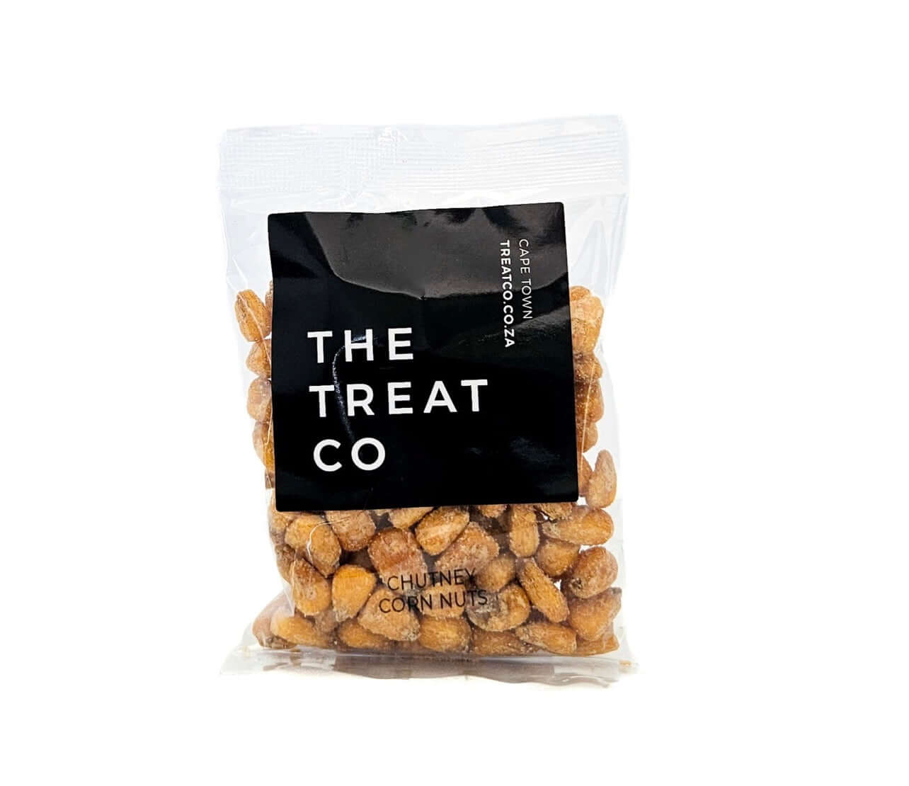 Chutney Corn Nuts in a clear bag by The Treat Co, perfect for snacks or lunchboxes.