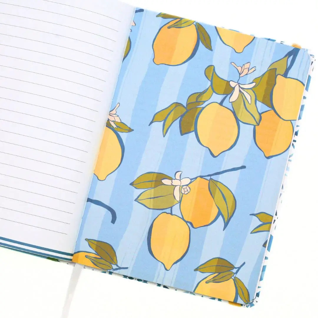 Inside view of the La Dolce Vita Vision Journal featuring a vibrant lemon pattern.