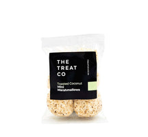 Toasted Coconut Mini Marshmallows in a clear package by The Treat Co, showcasing fluffy marshmallows rolled in toasted coconut.