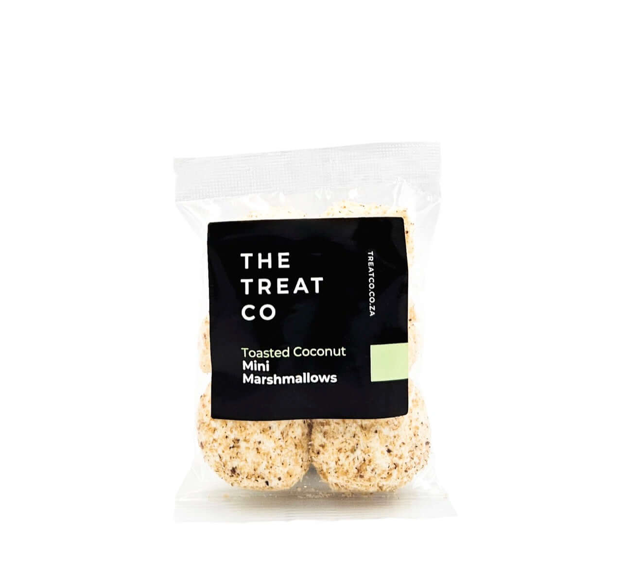 Toasted Coconut Mini Marshmallows in a clear package by The Treat Co, showcasing fluffy marshmallows rolled in toasted coconut.