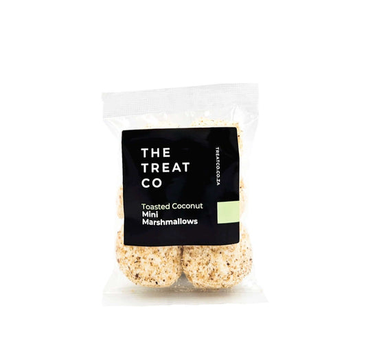 Toasted Coconut Mini Marshmallows in a clear package by The Treat Co, showcasing fluffy marshmallows rolled in toasted coconut.
