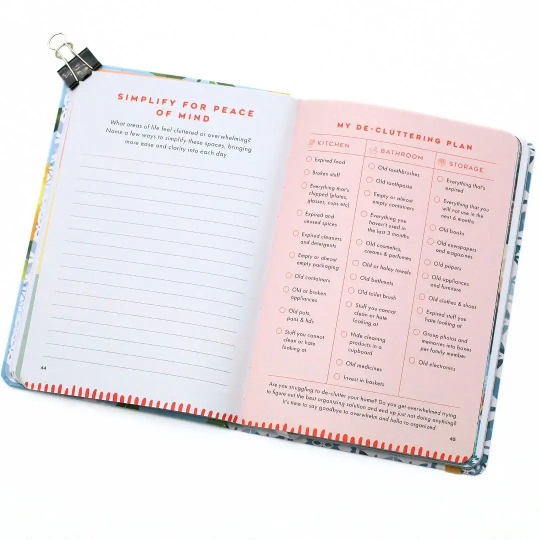 Interior view of the La Dolce Vita Vision Journal showcasing de-cluttering plan and mindfulness prompts.