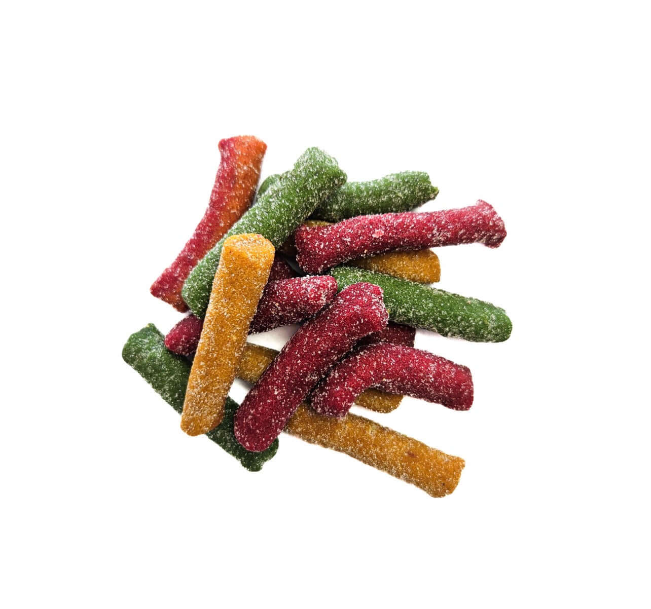 Colorful Dried Fruit Lollies in a pile, showcasing their vibrant flavors and textures for snacking.