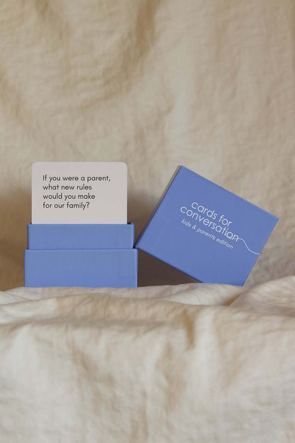 Cards for Conversation: Kids & Parents Edition box and prompt card for family engagement.