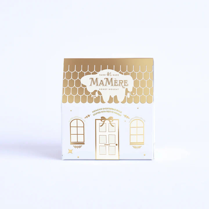 MA MÈRE CONFECTIONS Mini Festive House Cream & Gold - Pistachio & Festive nougat shortbread snowballs
