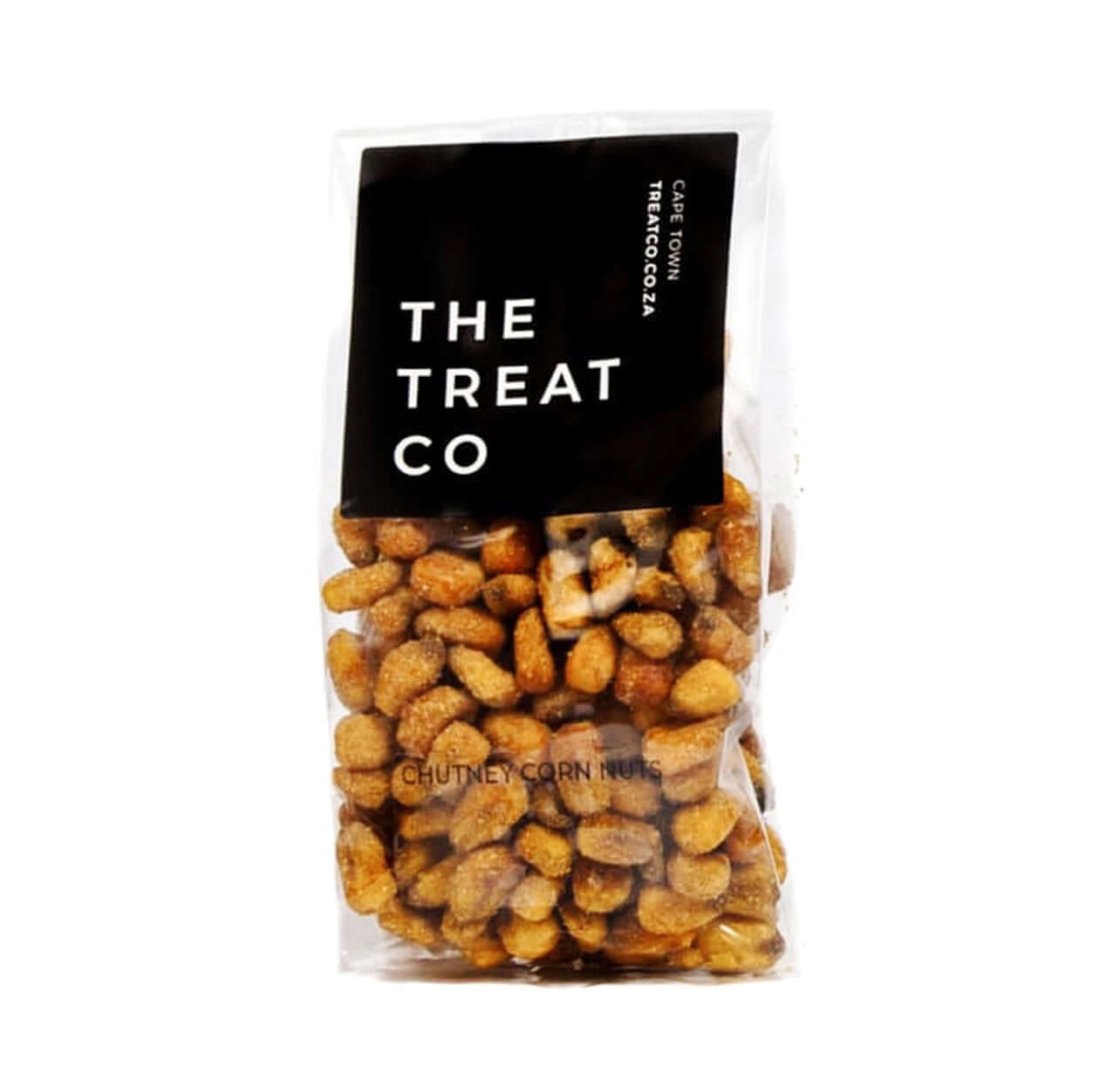 Chutney Corn Nuts in a clear packaging by The Treat Co, a crunchy snack for any occasion.